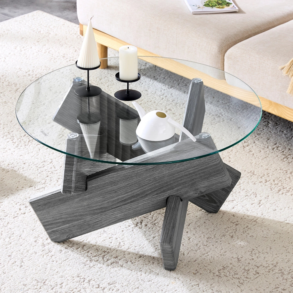Tavolino da caffè rotondo ? 79 cm in vetro e MDF grigio; supporto incrociato