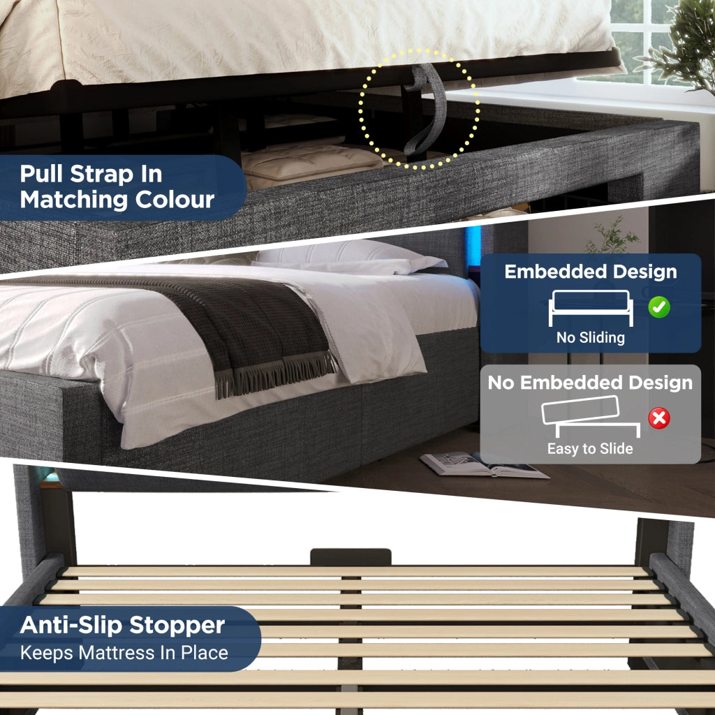 Letto matrimoniale 140 × 200 cm con contenitore idraulico; LED; USB e USB-C; materasso incluso; grigio