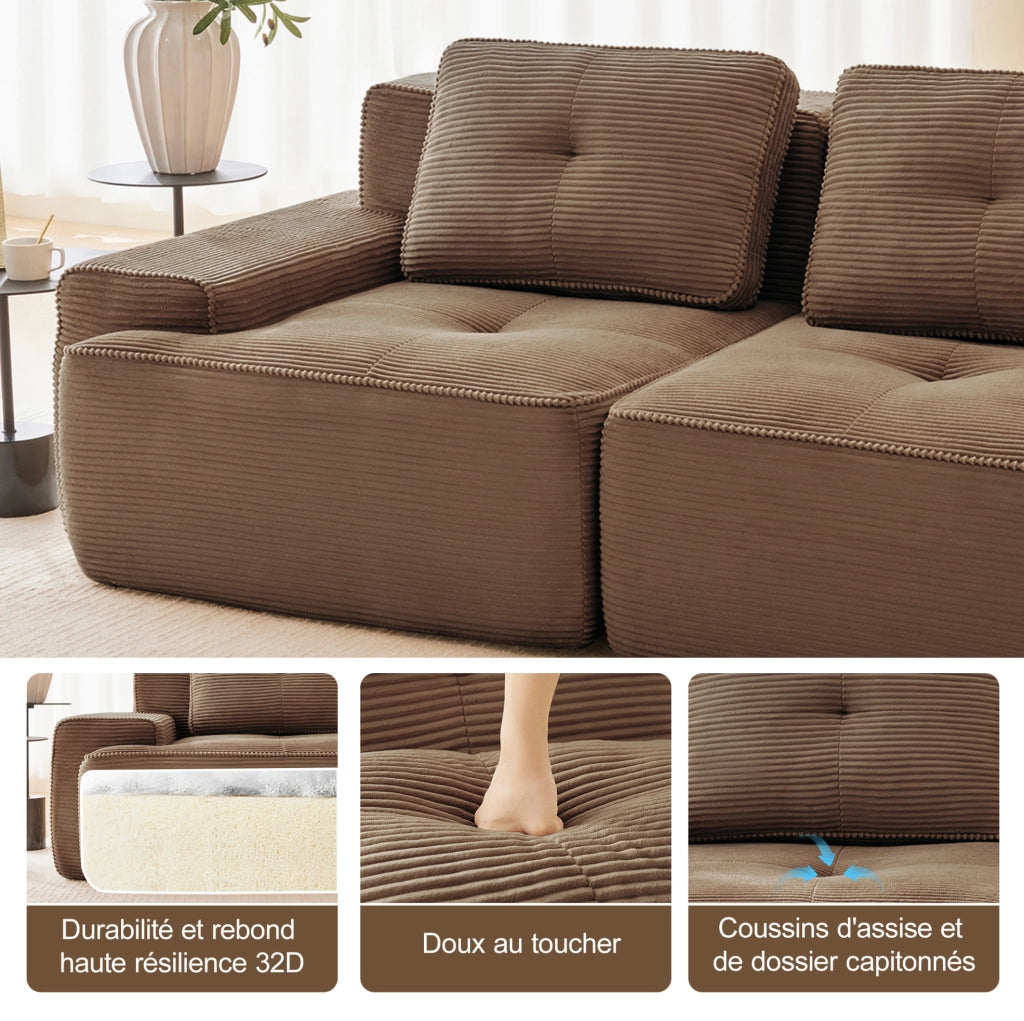 Divano modulare a U in velluto côtelé marrone, 3 posti senza struttura, con pouf, comfort cloud per soggiorno