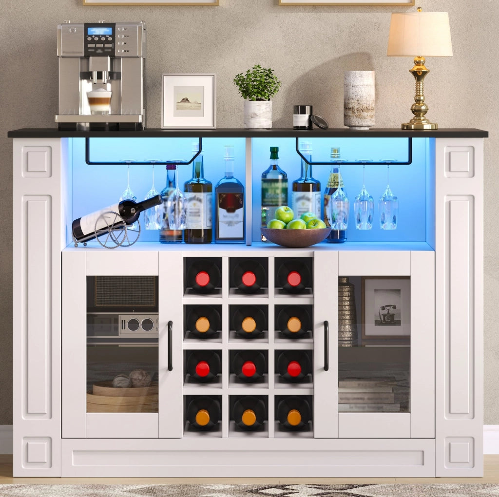 Mobile bar per vini 120x35x84 cm con LED RGB; portabicchieri e 12 vani; MDF bianco