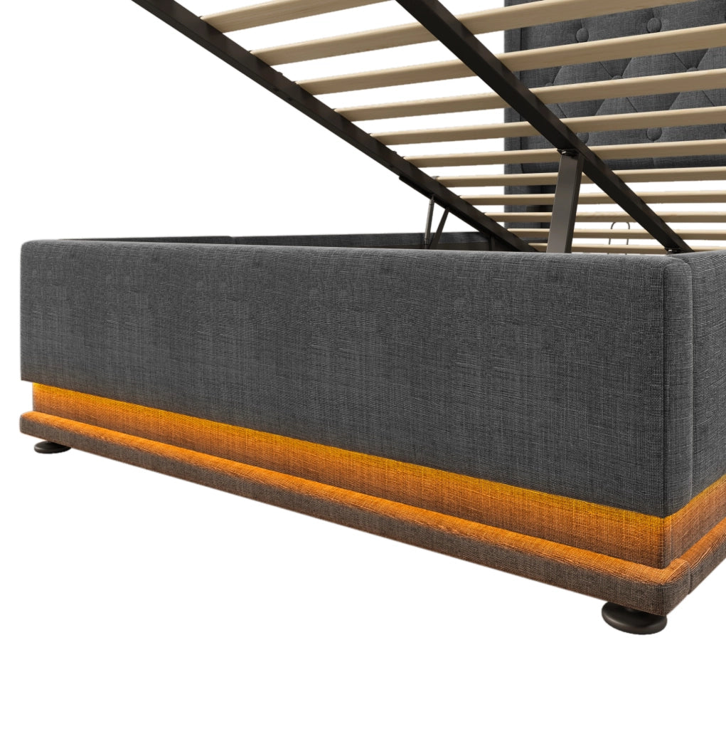 Letto 90x200 cm con contenitore idraulico, LED a 360Â° e USB-C in lino grigio