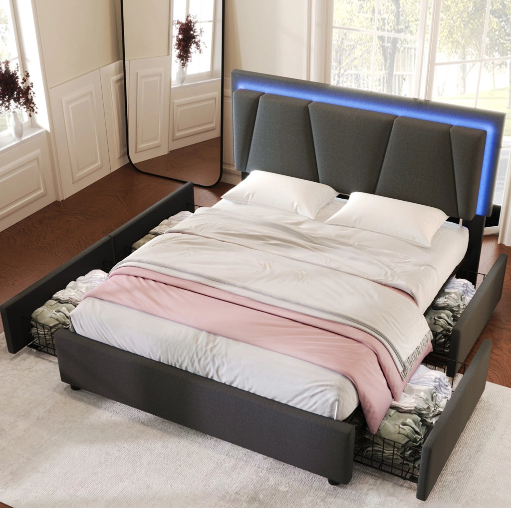 Letto matrimoniale imbottito 140x200 cm con illuminazione LED, 4 cassetti e testiera regolabile in altezza grigio