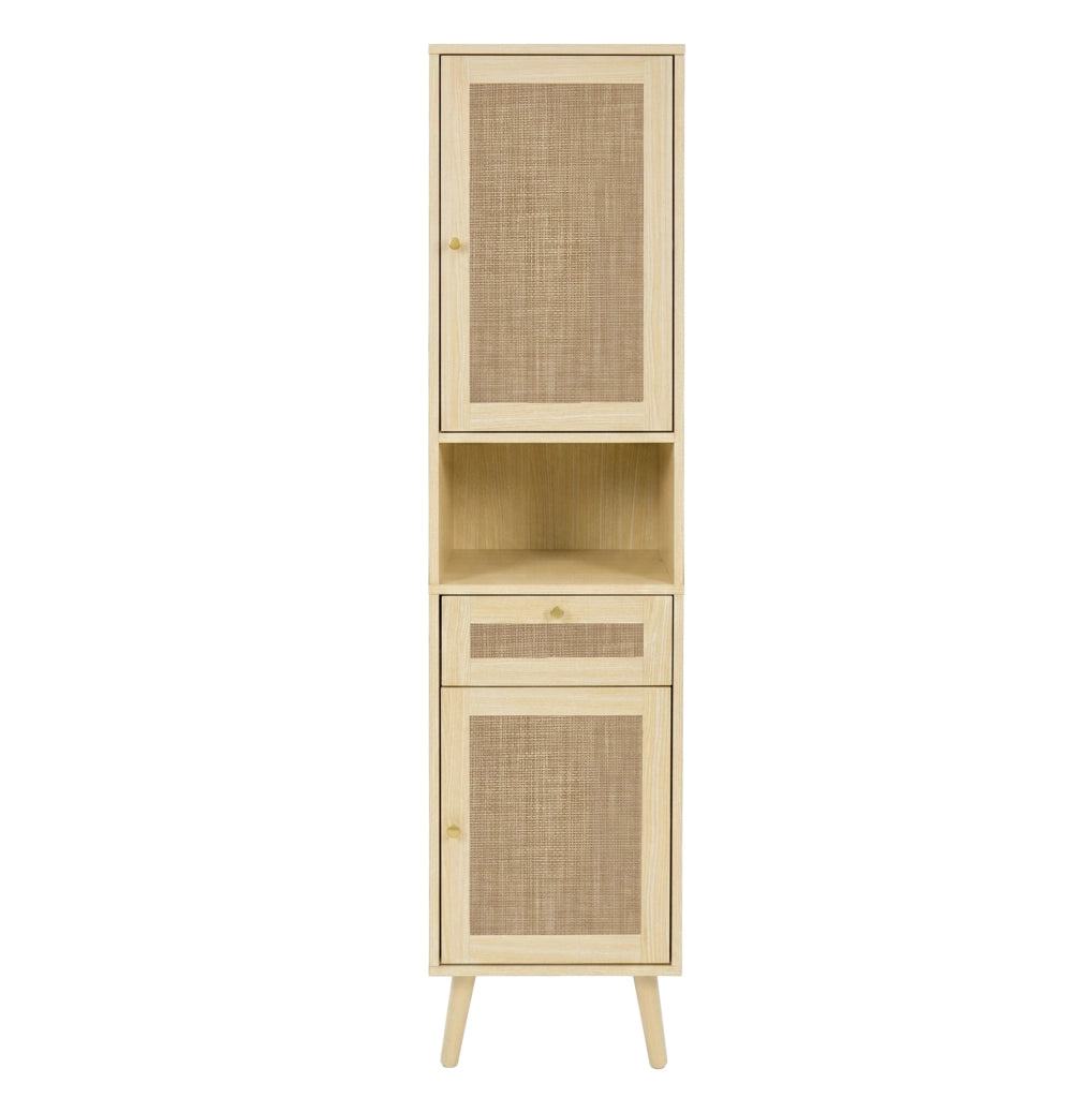 Mobile bagno alto 166 cm con ante in rattan reversibili, cassetto, chiusura magnetica e cerniere soft-close, 40x30x166 cm, colore legno naturale