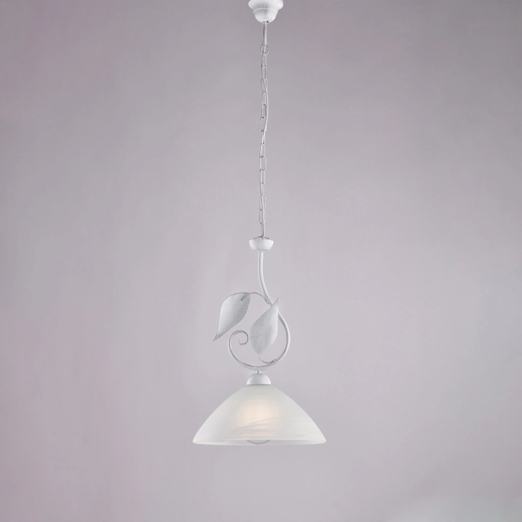 Sospensione Classica Esse 1 Luce Ferro Battuto E Vetro Bianco E Argento