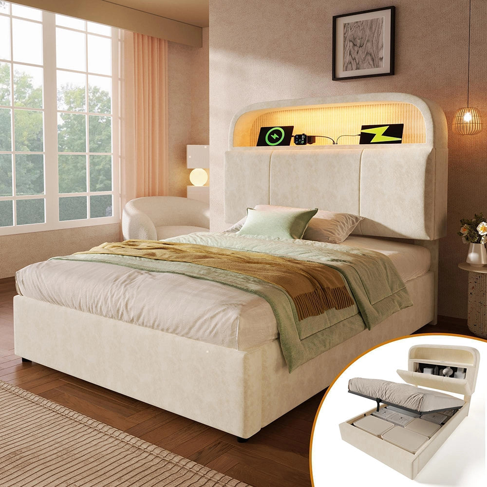 Letto 90x200cm?- Xylo - idraulico LED USB velluto beige