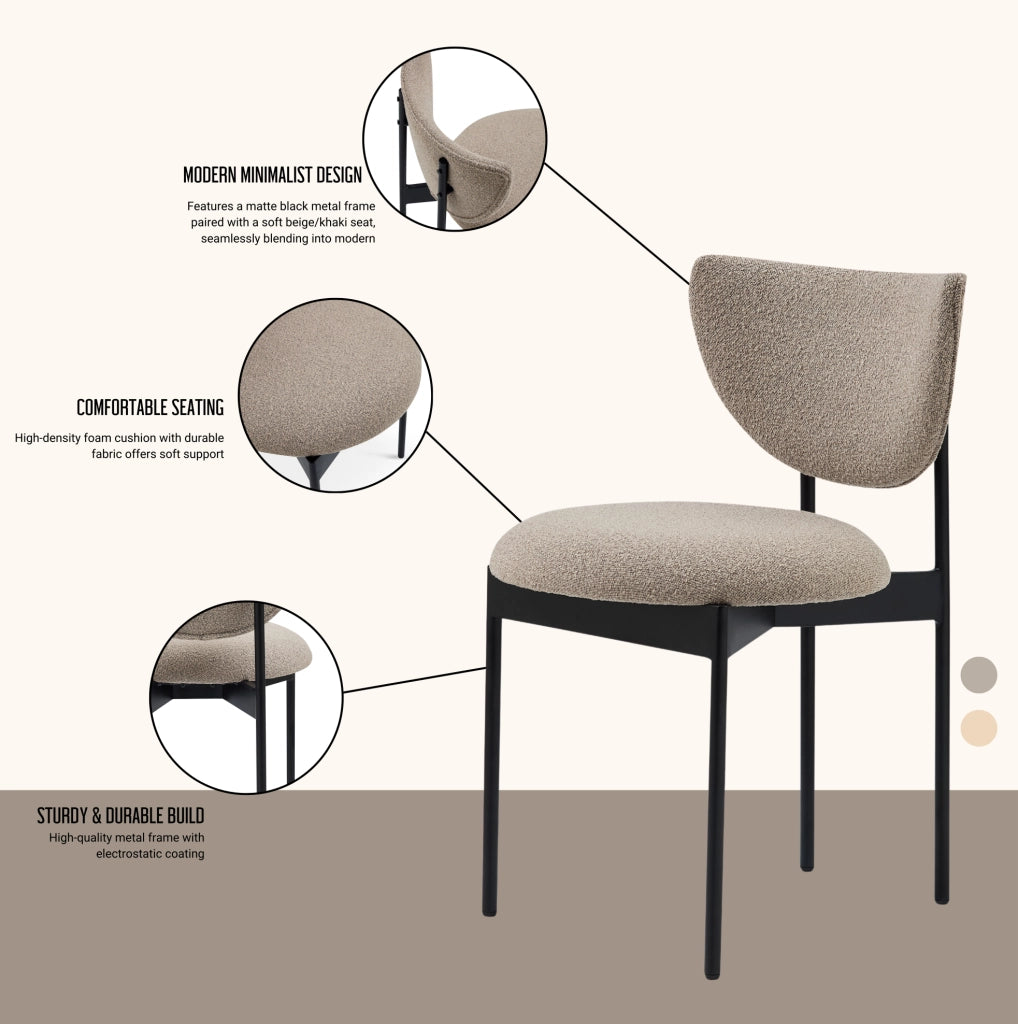 Set di 2 sedie da pranzo in stile scandinavo con struttura in acciaio inox e rivestimento in tessuto, misure compatte 78x60x56 cm, colori Khaki e Crema