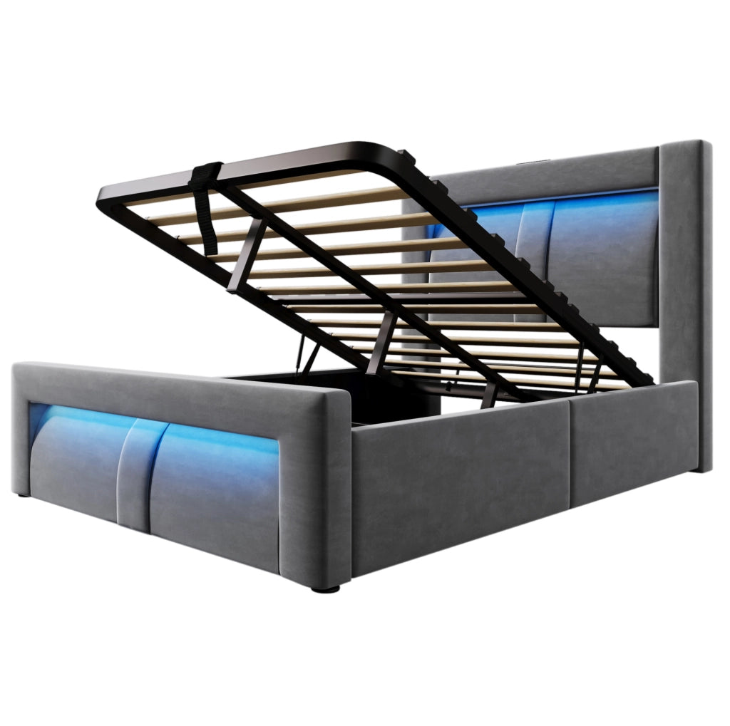Letto singolo 90x200 cm con contenitore, LED e ricarica USB/Type-C