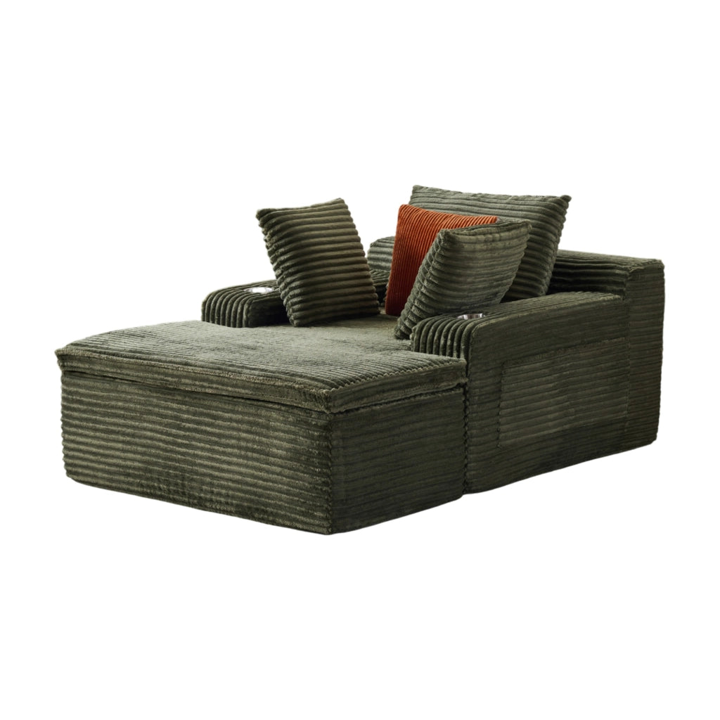 Divano da pavimento ULEVR con chaise longue, 3 cuscini, portabicchieri e cuscino coperta 2 in 1, velluto a coste verde