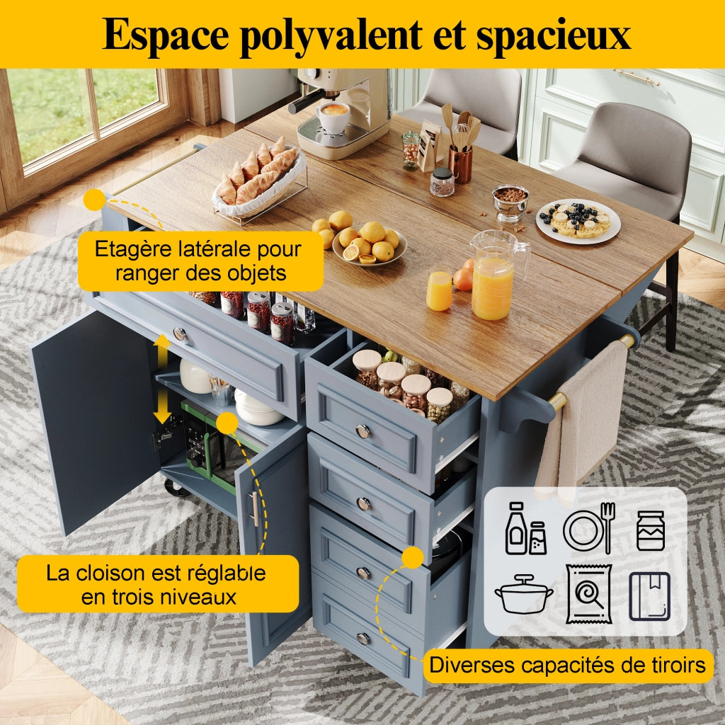 Isola da cucina con piano ribaltabile; ripiani regolabili in 3 altezze; cassetti e ripiano laterale in MDF blu