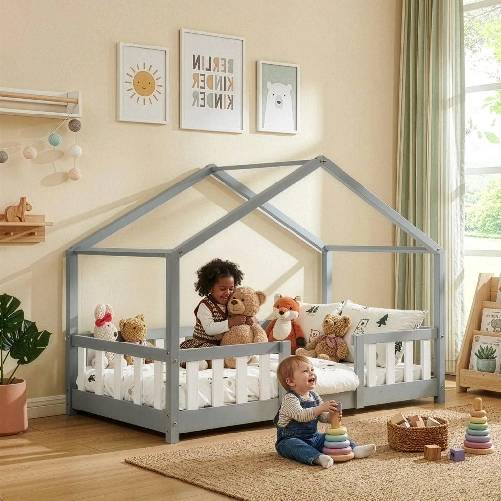 Letto per Cameretta Treviolo a Forma di Casetta in Stile Montessori 80x160 cm Grigio Chiaro/Bianco [en.casa]