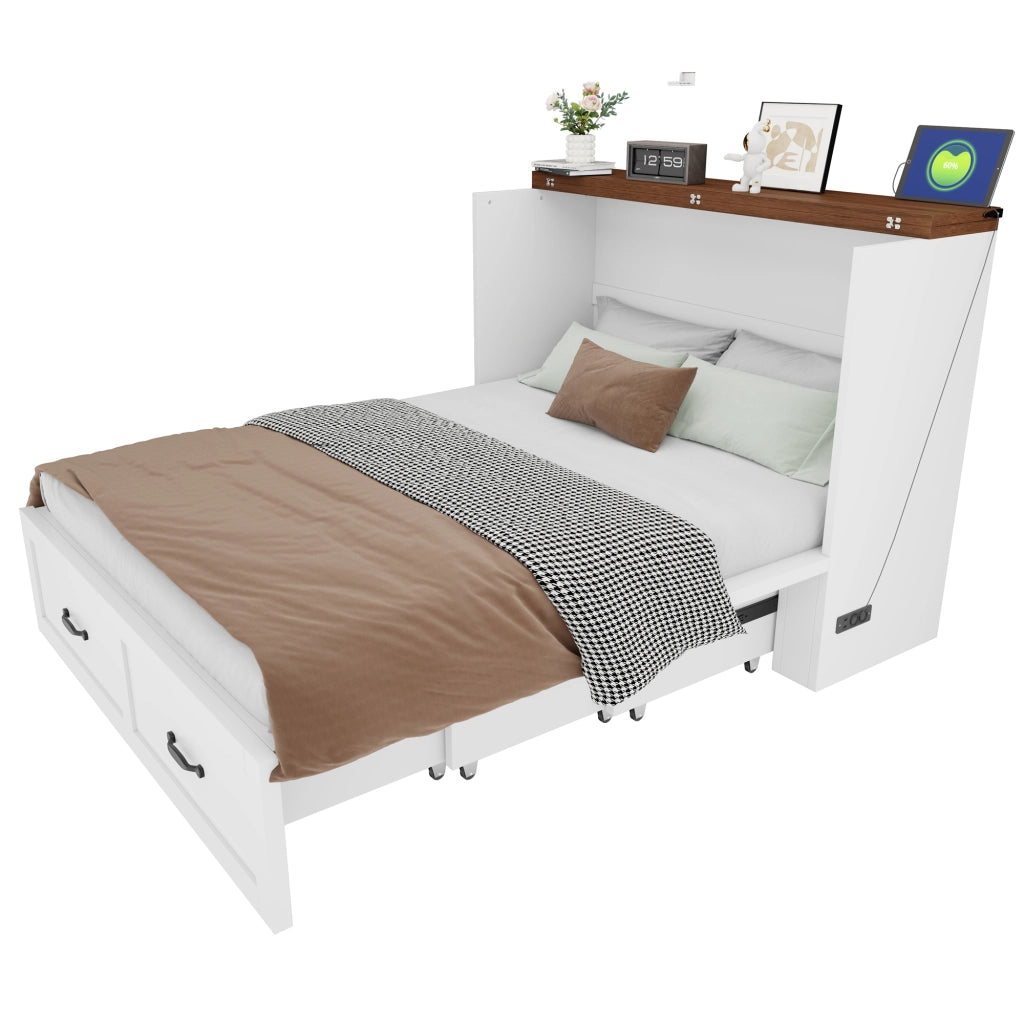 Letto a scomparsa 140 × 200 cm estraibile con presa europea e ruote silenziose in metallo e legno bianco