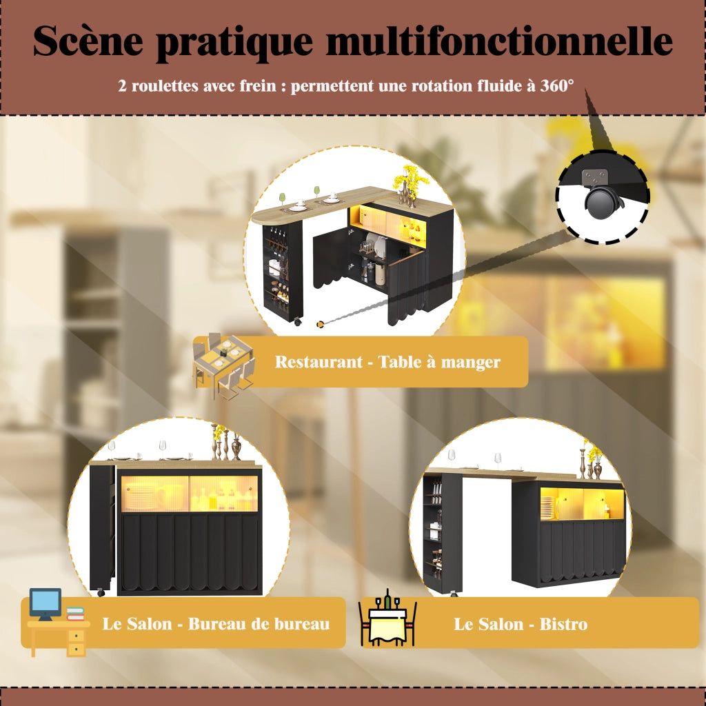 Tavolo da Bar Allungabile con Vano Contenitore; LED; USB e Anta Scorrevole in Vetro; MDF; Nero; 135-205x39x100 cm