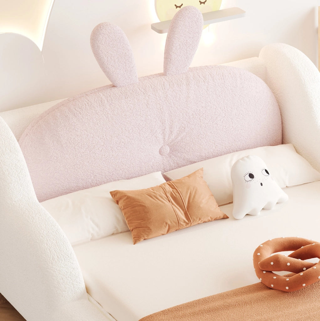 Letto per bambini 90x200 cm con cuscino coniglio in tessuto teddy bianco