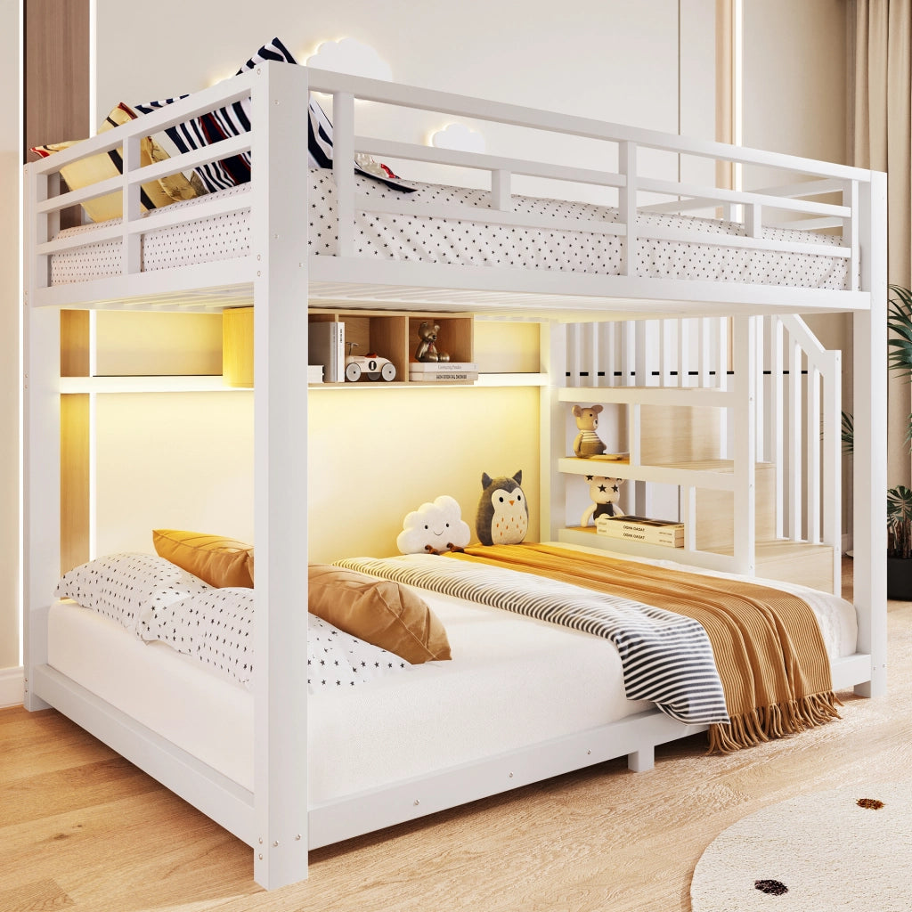 Letto a Castello 2 Posti 140x200 cm LEMONMAX con Scala Contenitore 3 Nicchie, LED via App, Sponde, Metallo MDF Bianco, Salvaspazio, Camera Condivisa