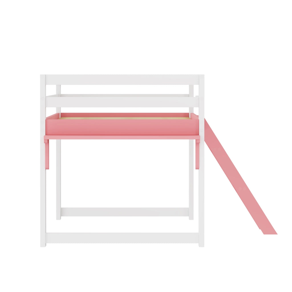 Letto a soppalco per bambini 90×200 cm con barriera, scala fissa e tavolino, senza materasso, bianco e rosa