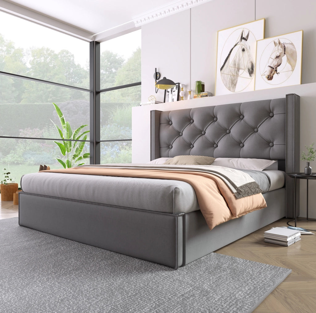 Letto imbottito 160x200 cm grigio con contenitore e rete sollevabile
