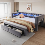 LETTO DIVANO Estraibile 90x190/180x190 cm Velluto Grigio con LED, USB e Type-C