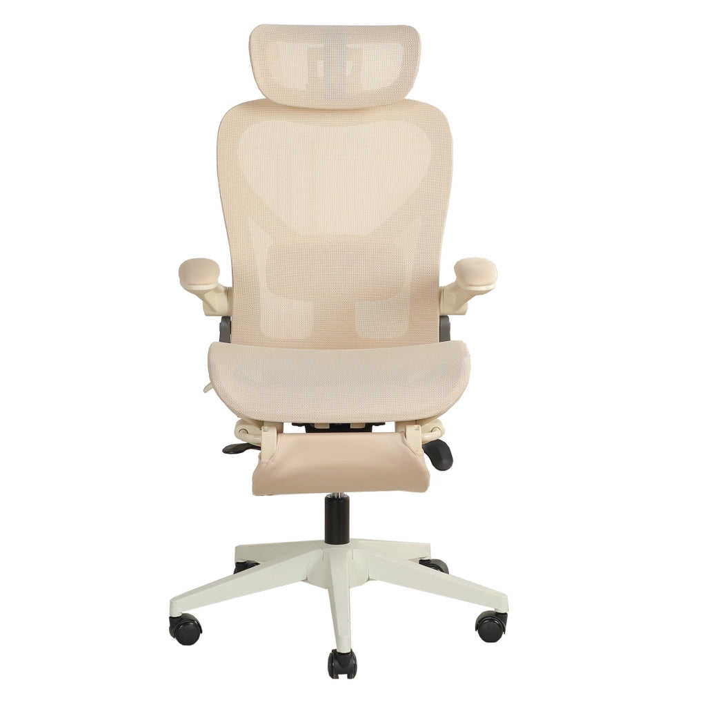 Sedia ufficio pieghevole ergonomica con supporto lombare regolabile, schienale e braccioli richiudibili, poggiatesta 3D in tessuto a rete, crema