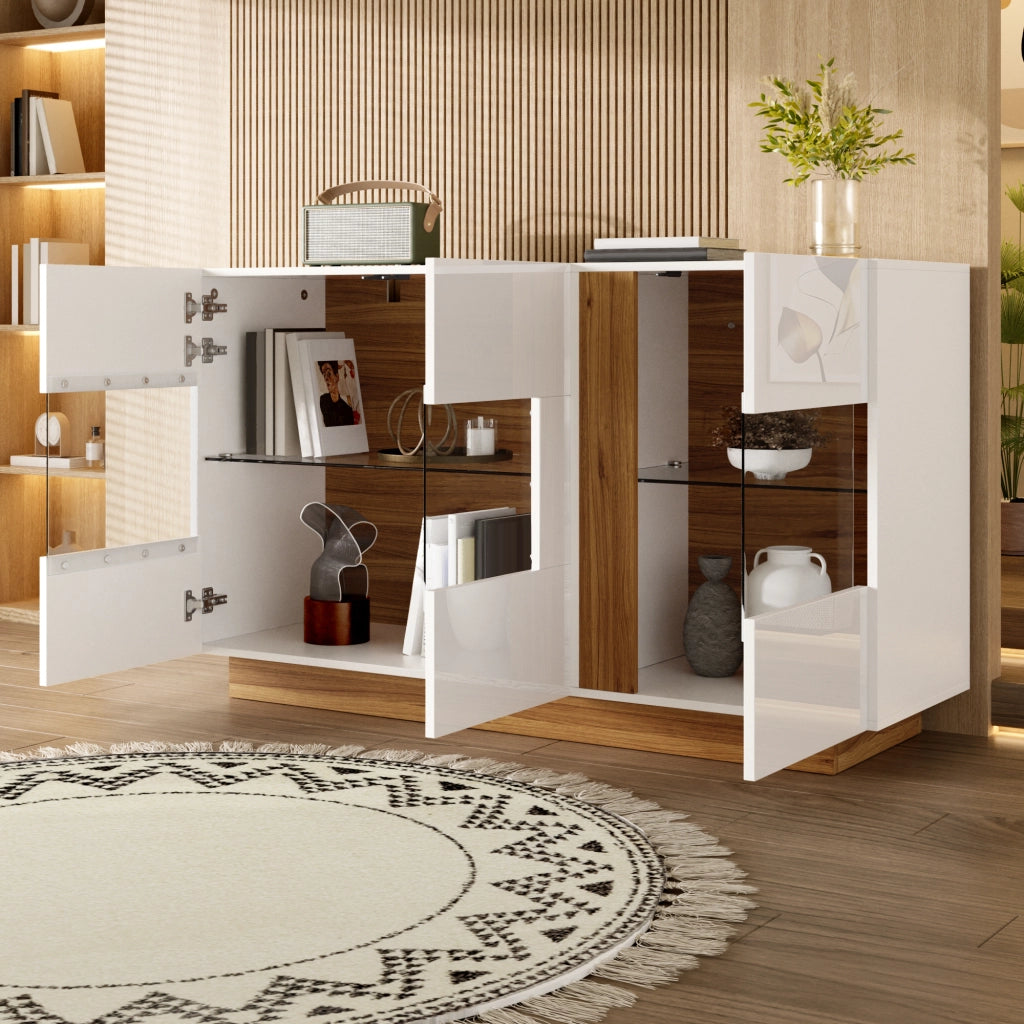 Credenza moderna con 3 ante in acrilico e LED regolabile; 120 x 38 x 80 cm; truciolare bianco e naturale