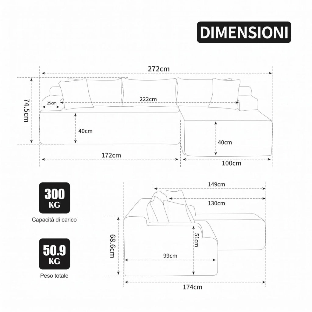 Divano compatto, divano modulare, tessuto chenille, schiuma ad alta elasticità 30D, base antiscivolo, 4 posti, bianco avorio