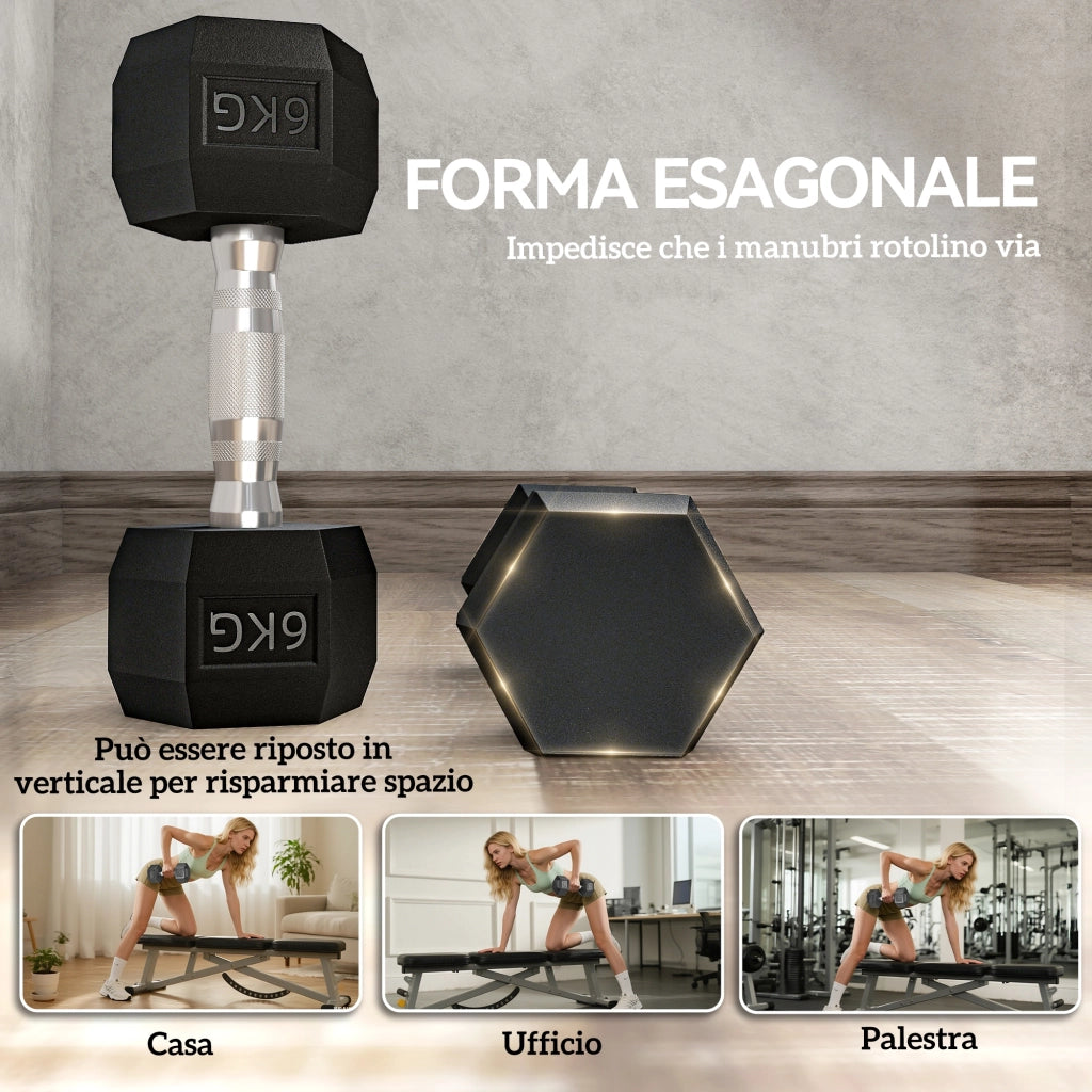 Set di 2 Manubri da 6 kg Esagonali con Presa Antiscivolo e Rivestimento in Gomma. Nero