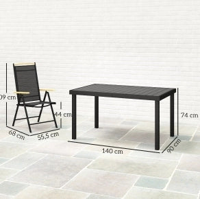 Set da giardino pieghevole per 6 persone con tavolo in alluminio e sedie nere in rete