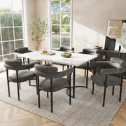 Set tavolo da pranzo con 6 sedie in velluto grigio scuro; tavolo 140x80 cm bianco