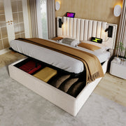 Letto matrimoniale 160 ¡Á 200 cm con contenitore testiera regolabile luce da lettura USB Type C cotone beige