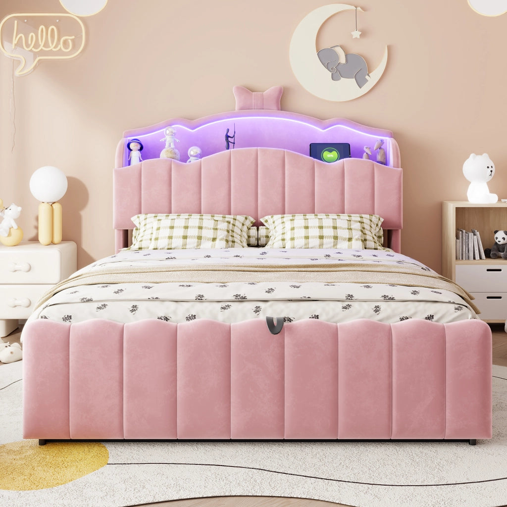 LETTO imbottito 140x200 cm in velluto rosa con contenitore