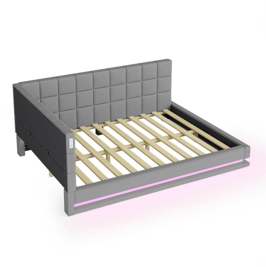 Divano letto imbottito 160x200 con LED, USB e rete a doghe