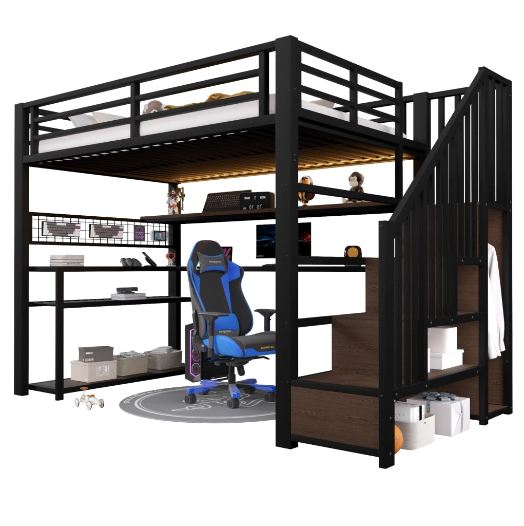 Letto a soppalco in metallo 90x200 cm con LED RGB, armadio, scrivania e spazio contenitivo, nero