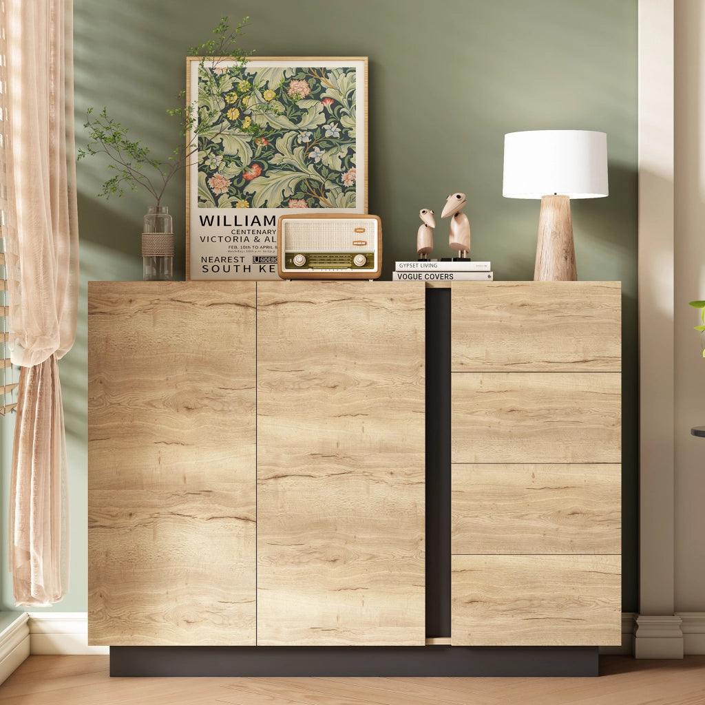 Madia con 2 Ante e 4 Cassetti; Apertura a Pressione; per Soggiorno e Sala da Pranzo; in Pannelli di Particelle; 120 × 35.5 × 90.5 cm; Nero e Naturale