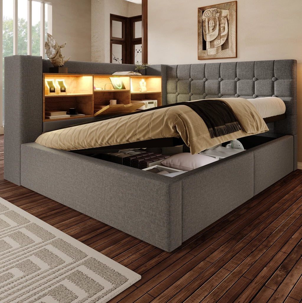 Letto 140x200 cm con contenitore idraulico; LED e porte USB in lino grigio