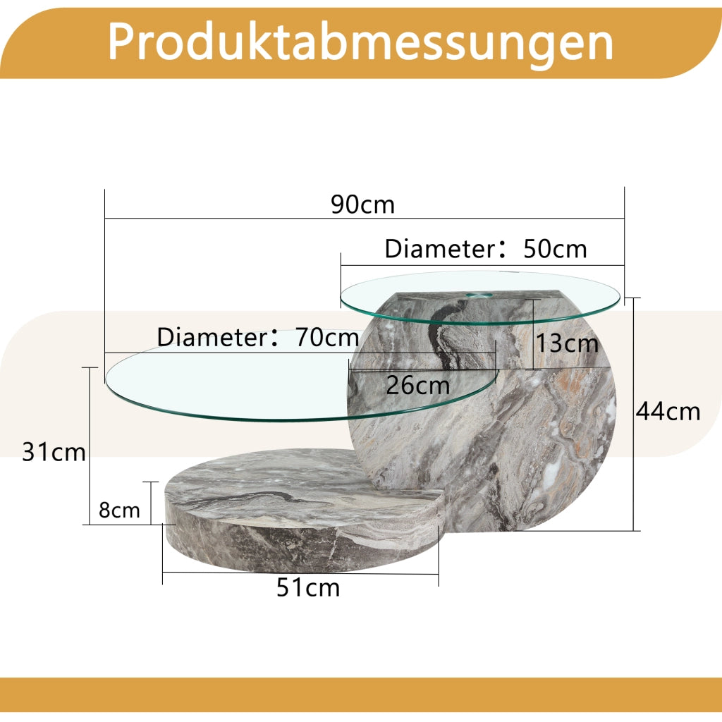 Tavolino basso fisso a due livelli con vetro di sicurezza e base effetto marmo grigio 78.5 × 78.5 × 24.5 cm