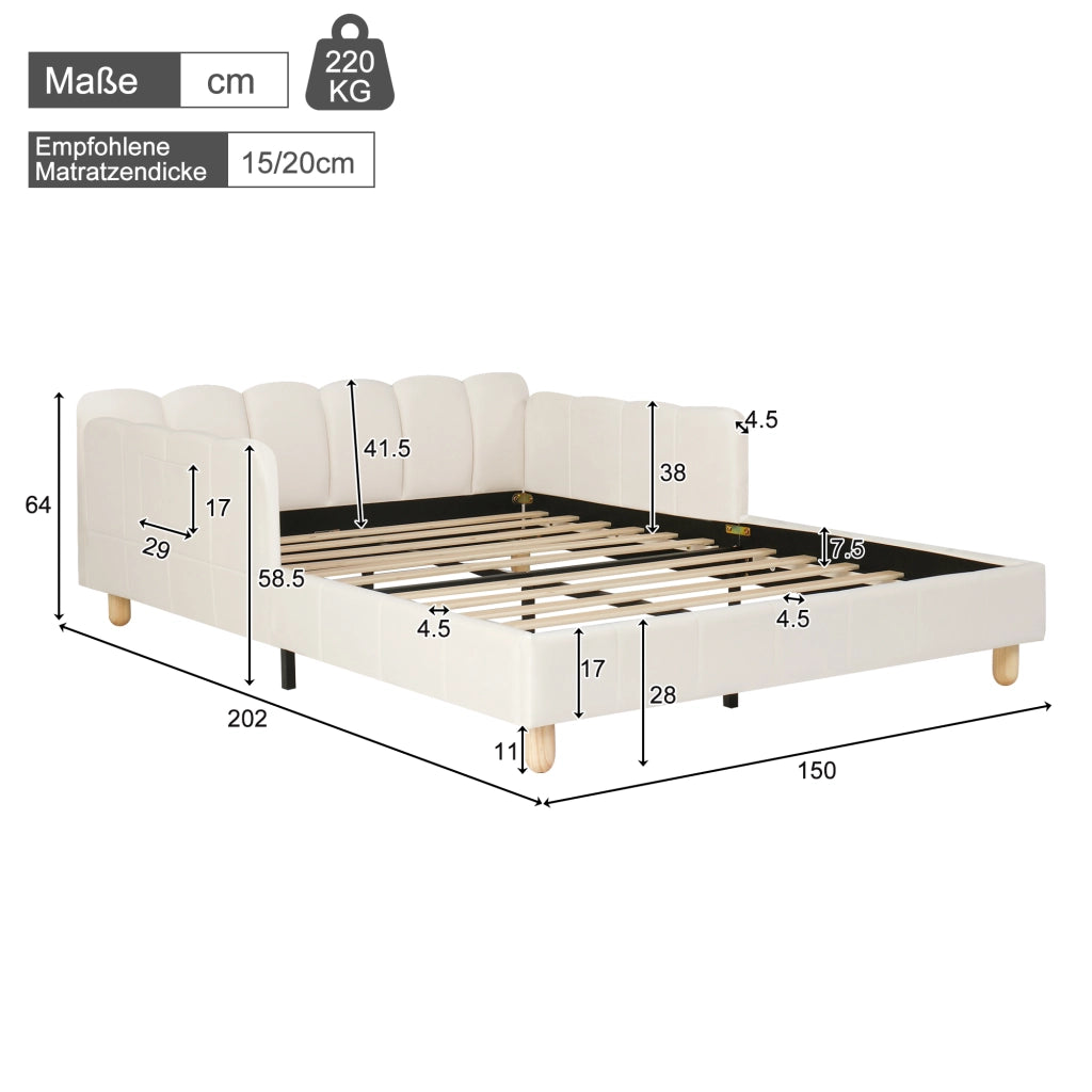 Letto per bambini in velluto beige con testiera inclinata; braccioli riposizionabili e tasche integrate