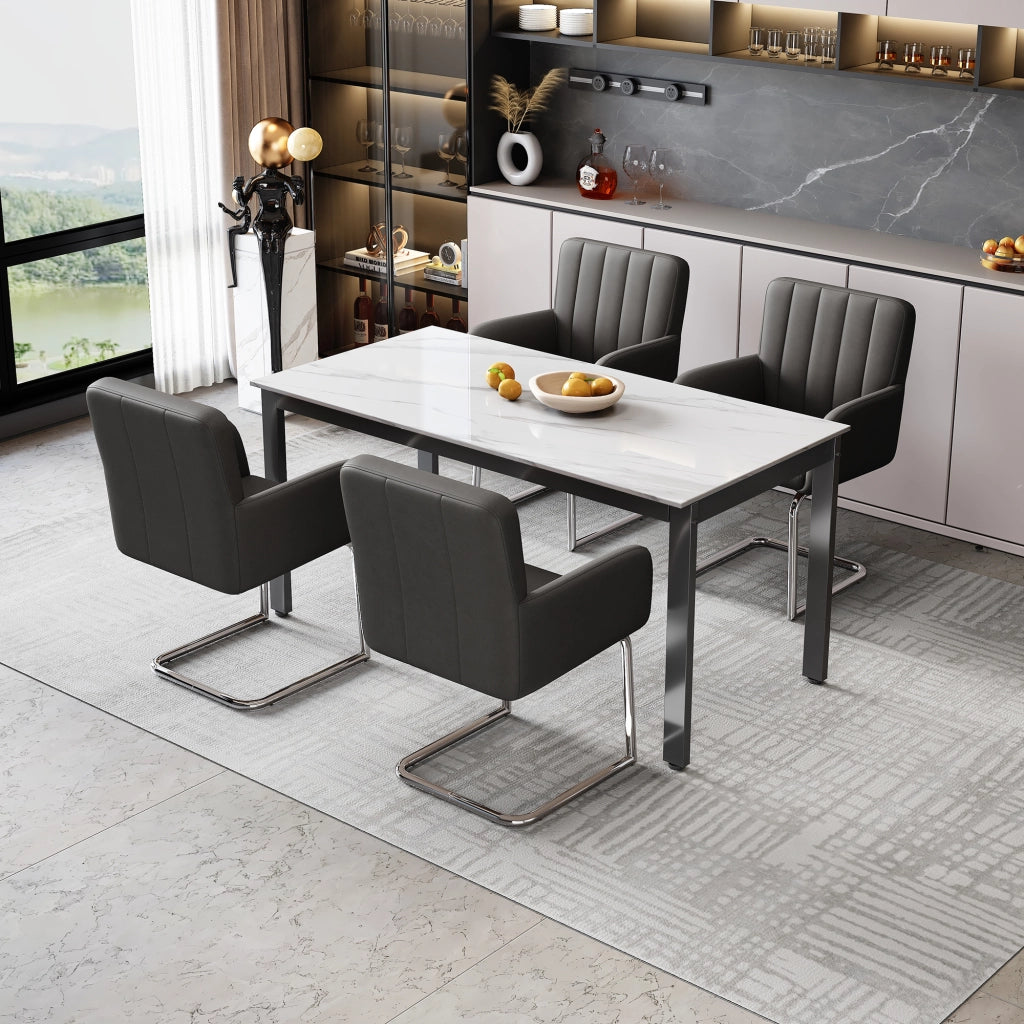 Set di 2 sedie da pranzo con schienale ergonomico e braccioli; gambe in metallo; in similpelle nera
