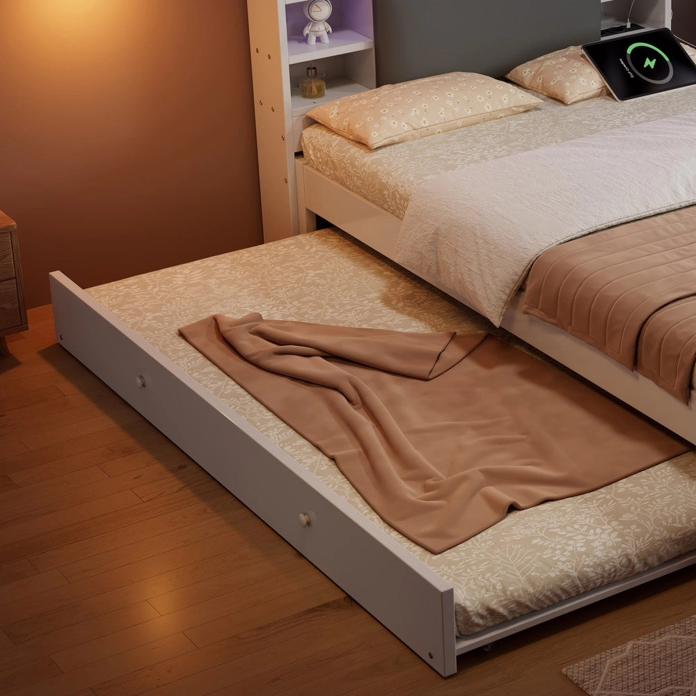 Letto in legno con letto estraibile e testiera imbottita LED ¨C Minimal ¨C Bianco 120x200 cm, letto estraibile 90x190 cm