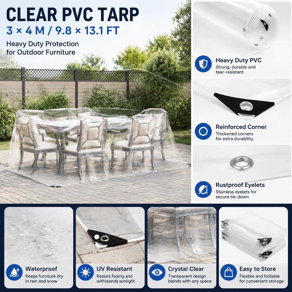 Telo trasparente con occhielli, 3x4 m, in PVC, robusto e resistente, ideale per esterni, giardino e balcone