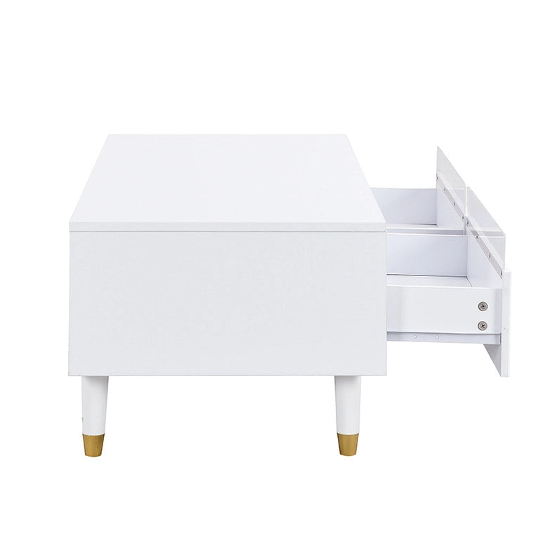 Tavolino da salotto moderno con illuminazione LED colorata, doppio cassetto e gambe in legno bianco e oro 110x50x40 cm