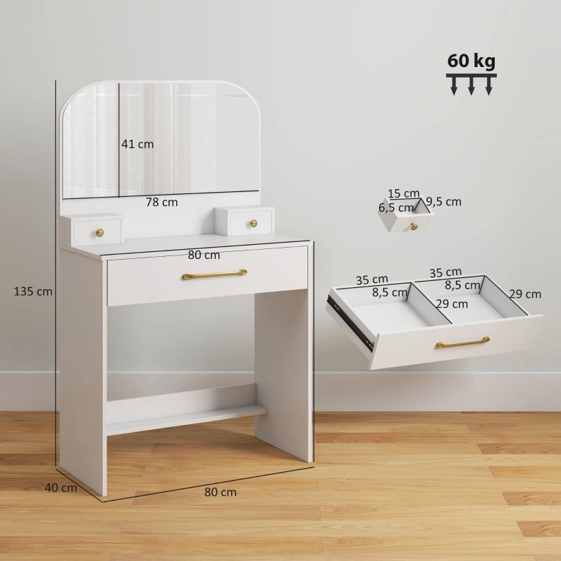 Tavolo da trucco 80x40x135 cm con specchio arcuato e 3 cassetti in truciolare bianco