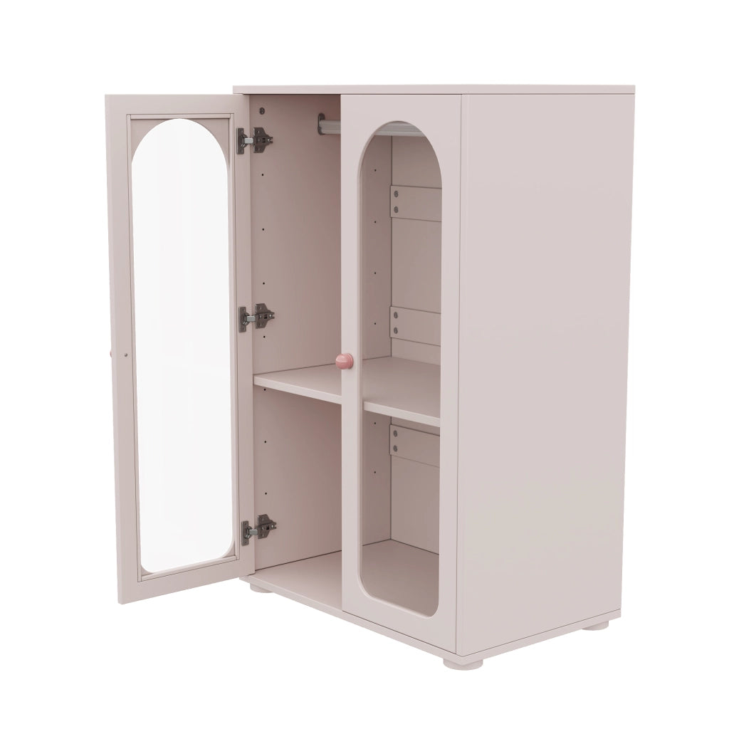 Armadio per cameretta con 2 ante trasparenti, ripiani regolabili e asta appendiabiti, MDF rosa bebè, 80 × 50 × 120 cm