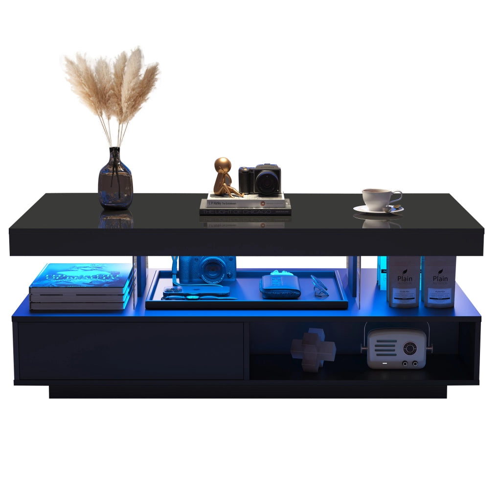 Tavolino da salotto 95x50x42;5 cm con LED Bluetooth; 2 cassetti e 2 vani; nero in truciolare