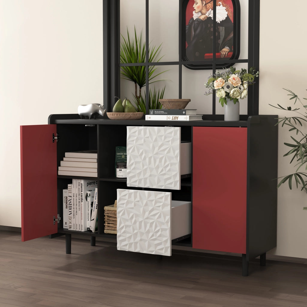 Credenza con 2 cassetti; vani aperti e armadietto chiuso in MDF nero e rosso 120 × 40 × 80 cm
