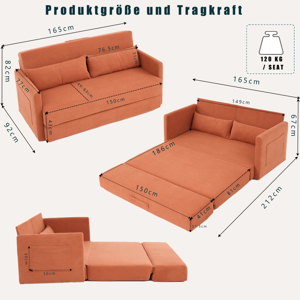 Divano letto 2 posti in tessuto di cotone, arancione, con due cuscini lombari e tasche portaoggetti, dimensioni 165x92x82 cm