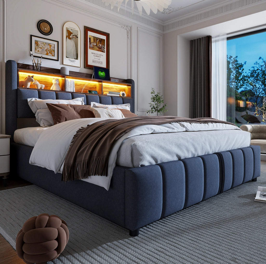 Letto imbottito 180x200 cm con LED; contenitore; USB e Type-C; grigio
