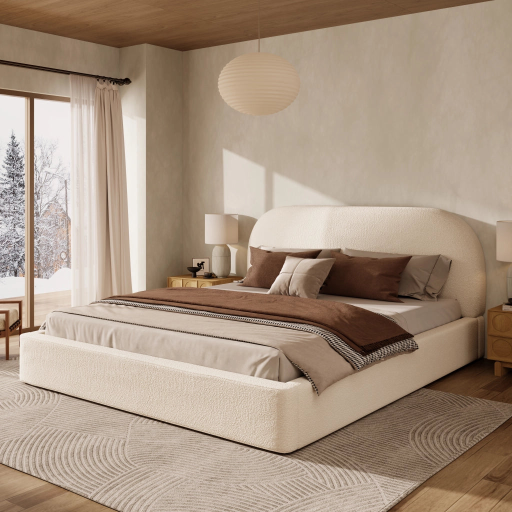 Letto imbottito con rete a doghe testiera imbottita in boucl¨¦ beige struttura con angoli arrotondati