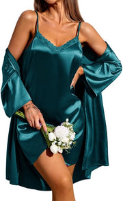 Nachtgown per Donne, Estate, Corta, a Due Pezzi, da Notte, Babydoll, Camicia da Camera, Verde S.