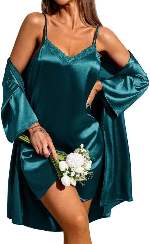 Nachtgown per Donne, Estate, Corta, a Due Pezzi, da Notte, Babydoll, Camicia da Camera, Verde S.