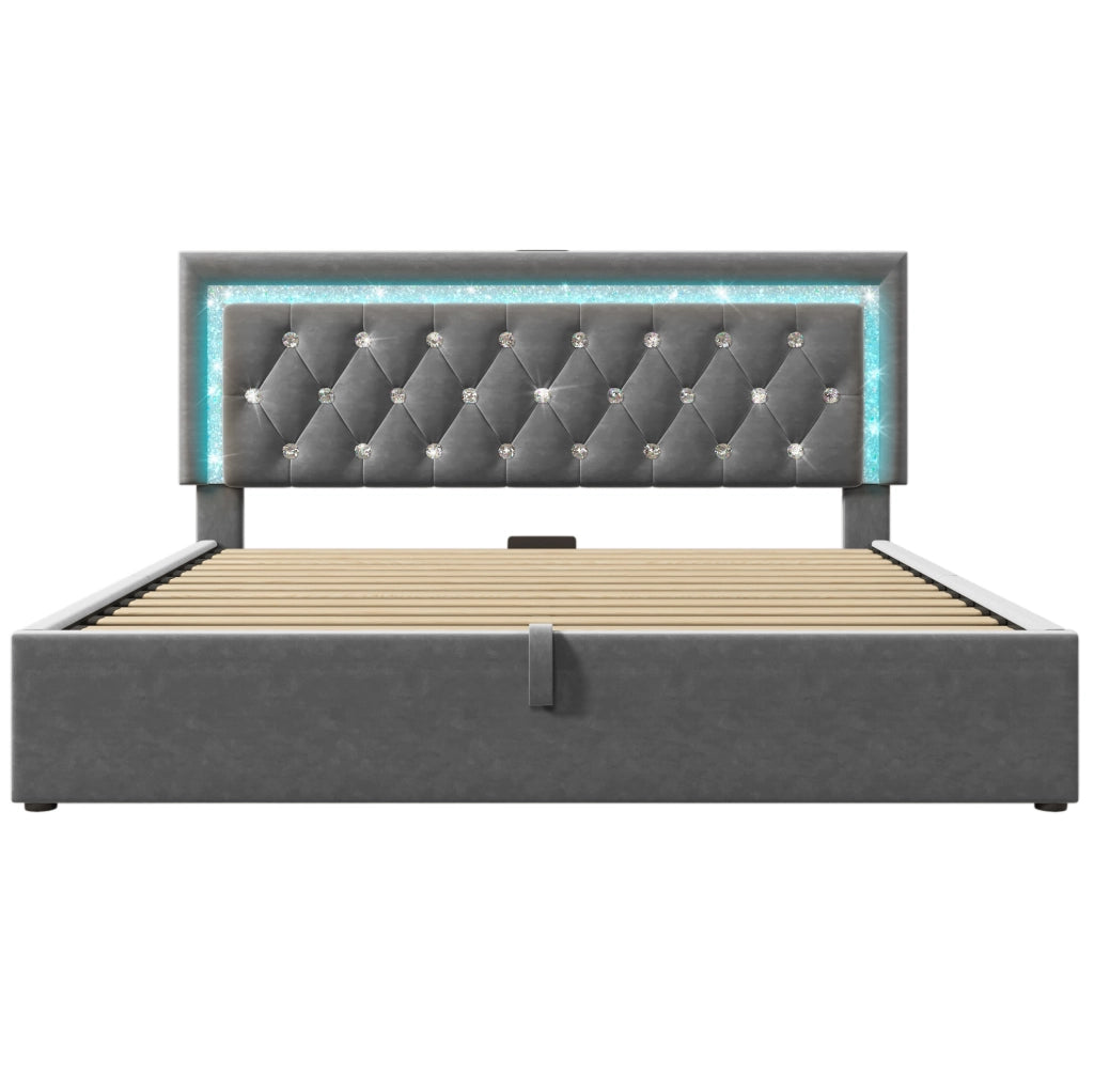 Letto matrimoniale 140x200 cm in velluto grigio con LED e contenitore