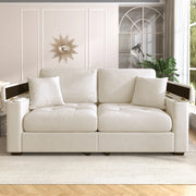Divano 2 posti in chenille beige con contenitore nei braccioli, tasche laterali e 2 cuscini